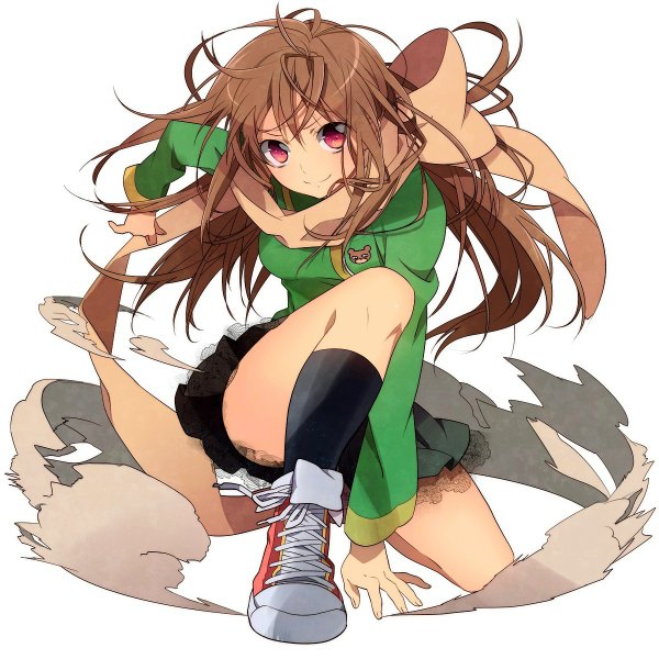 Anime picture 1200x1200 with original murakami yuichi single long hair looking at viewer simple background red eyes brown hair white background light smile kneeling squat dust girl skirt miniskirt scarf sneakers lace bear