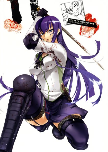 Anime picture 2100x2970 with highschool of the dead madhouse busujima saeko satou shouji long hair tall image highres open mouth blue eyes light erotic purple hair scan girl thighhighs skirt uniform weapon black thighhighs school uniform miniskirt