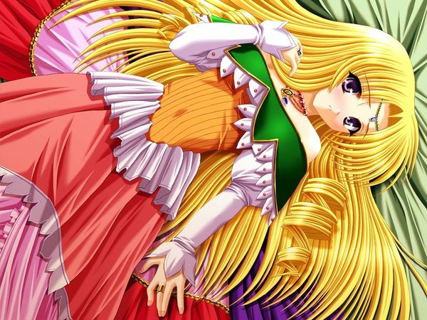Anime picture 1024x768 with kegaretaeiyu (game) long hair blonde hair purple eyes game cg girl jewelry
