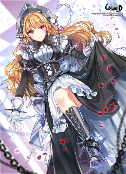 Anime picture 800x1109 with unleashed interitio single long hair tall image looking at viewer blush blonde hair purple eyes girl dress gloves petals boots white gloves chain spikes