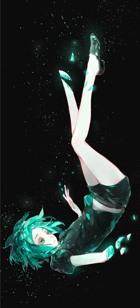 イラスト 675x1480 と 宝石の国 フォスフォフィライト 薯子Imoko ソロ 長身像 短い髪 simple background 緑の目 全身 green hair puffy sleeves black background 無表情 upside down androgynous amputee