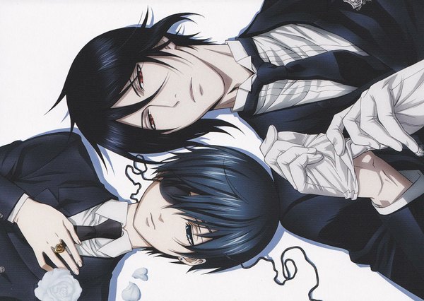 Anime picture 2344x1668 with kuroshitsuji a-1 pictures sebastian michaelis ciel phantomhive looking at viewer highres short hair blue eyes black hair simple background red eyes white background scan official art multiple boys butler adjusting gloves boy gloves necktie