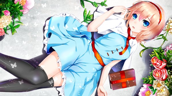 Anime picture 1060x596 with touhou alice margatroid henet hene single looking at viewer blush short hair blue eyes blonde hair wide image lying girl thighhighs dress flower (flowers) black thighhighs book (books)