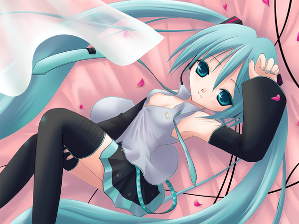 Anime picture 1250x938 with vocaloid hatsune miku blue eyes blonde hair twintails cleavage green hair girl thighhighs skirt detached sleeves miniskirt petals