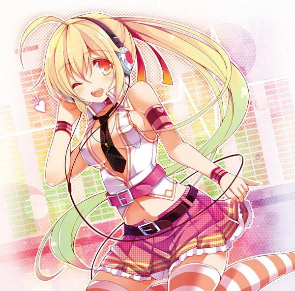 Anime picture 1000x989 with original chiri (atlanta) long hair open mouth light erotic blonde hair red eyes ponytail one eye closed wink girl thighhighs navel miniskirt necktie headphones striped thighhighs wire (wires)