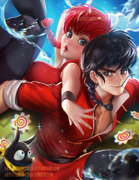 Anime picture 695x900 with ranma 1/2 saotome ranma saotome ranma (girl) p-chan sakimichan tall image fringe short hair black hair smile red hair braid (braids) traditional clothes parted lips aqua eyes realistic single braid watermark chinese clothes leg lift (legs lift)