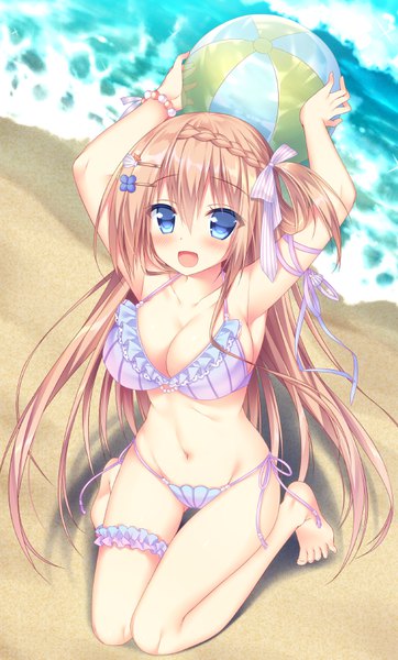 Anime picture 555x918 with original traene (sorai shin'ya) sorai shin'ya single long hair tall image looking at viewer blush fringe breasts open mouth blue eyes light erotic blonde hair hair between eyes large breasts sitting full body braid (braids) :d