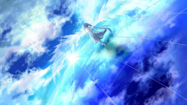 Anime picture 1000x562 with vocaloid hatsune miku mariwai (marireroy) single wide image twintails sky cloud (clouds) very long hair barefoot aqua hair alternate costume back reflection walking girl wings sundress