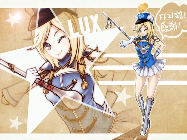 Anime picture 1600x1200 with league of legends lux (league of legends) qiu mao (pixiv id3432640) single long hair looking at viewer blue eyes blonde hair smile one eye closed wink legs girl gloves miniskirt headdress thigh boots staff