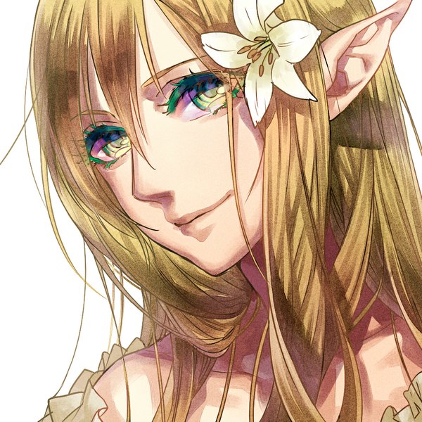 Anime picture 1024x1024 with tayuya1130 single long hair fringe blonde hair simple background white background hair flower light smile lips pointy ears multicolored eyes girl hair ornament flower (flowers) lily (flower)