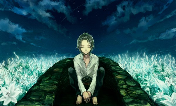 Anime picture 1500x900 with original moc single short hair wide image sitting cloud (clouds) barefoot night night sky tears boy flower (flowers) plant (plants) shirt star (stars) potted plant lily (flower)