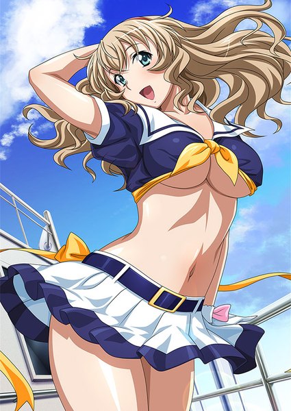 Anime picture 600x847 with ikkitousen sonken chuubou single long hair tall image looking at viewer blush breasts open mouth blue eyes light erotic brown hair girl skirt navel miniskirt sailor suit
