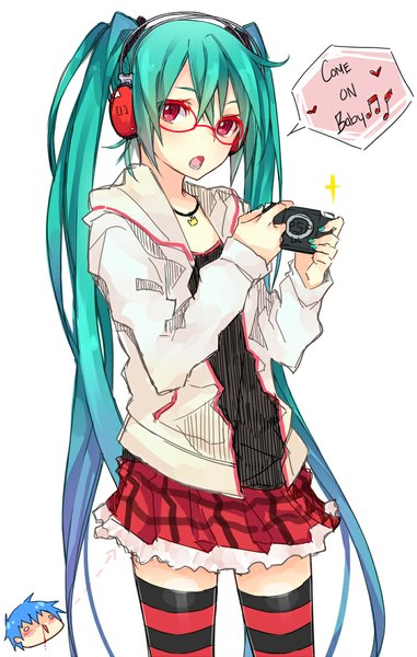 Anime picture 727x1144 with vocaloid kocchi muite baby (vocaloid) hatsune miku kaito (vocaloid) curryuku single long hair tall image looking at viewer blush short hair open mouth simple background red eyes white background twintails blue hair nail polish open clothes open jacket