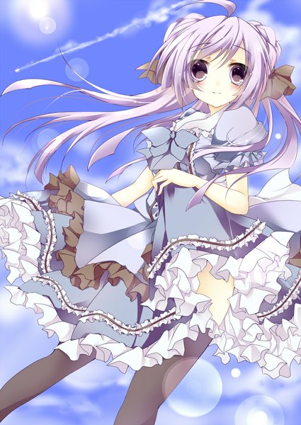 Anime picture 752x1062 with original umino mizu single long hair tall image looking at viewer blush purple eyes purple hair girl thighhighs dress bow black thighhighs hair bow frills