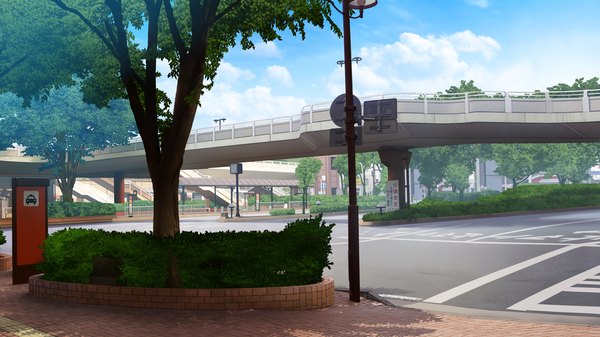 Anime picture 1280x720 with yumeiro alouette! wide image game cg no people landscape crosswalk plant (plants) tree (trees) bridge road traffic sign