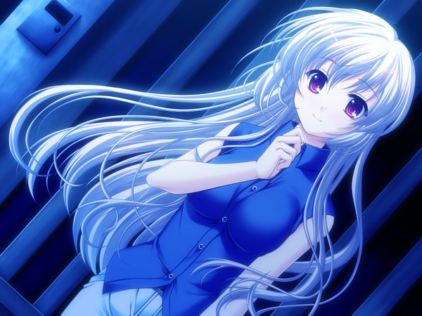 Anime picture 1600x1200 with tasogare no sinsemilla purple eyes game cg white hair girl