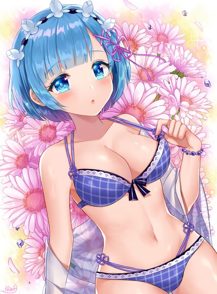 Anime picture 765x1036 with re:zero kara hajimeru isekai seikatsu white fox rem (re:zero) naomi (fantasia) single tall image blush fringe short hair breasts open mouth blue eyes light erotic large breasts blue hair cleavage blunt bangs sparkle dutch angle plaid