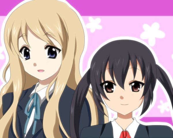 Anime picture 1280x1024 with k-on! kyoto animation nakano azusa kotobuki tsumugi miton39 long hair looking at viewer fringe open mouth blue eyes black hair blonde hair simple background hair between eyes twintails multiple girls brown eyes payot upper body light smile