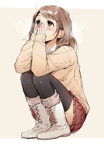Anime picture 800x1131 with original kawai makoto single long hair tall image blush brown hair brown eyes pleated skirt looking up squat covered mouth hands clasped girl thighhighs skirt black thighhighs boots sweater cross-laced footwear