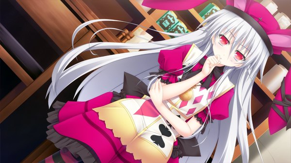 Anime picture 1280x720 with furuiro meikyuu rondo saki (furuiro meikyuu rondo) long hair red eyes wide image game cg white hair girl dress cap animal hat