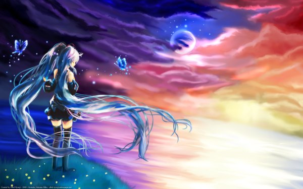 Anime picture 2560x1600 with vocaloid hatsune miku highres wide image blue hair very long hair evening sunset girl