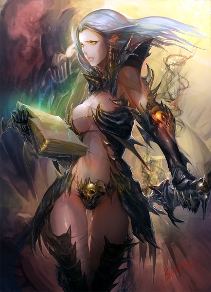Anime picture 1158x1600 with original bamuth single long hair tall image light erotic bare shoulders holding signed yellow eyes looking away silver hair wind pointy ears girl gloves navel weapon sword book (books)