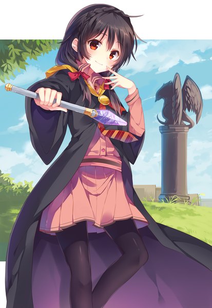 Anime picture 800x1162 with original mishima kurone single long hair tall image looking at viewer blush black hair smile red eyes holding pleated skirt girl skirt plant (plants) pantyhose cloak grass wand statue