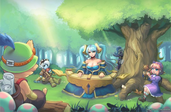 Anime picture 1600x1051 with league of legends sona buvelle annie (league of legends) teemo (league of legends) tristana (league of legends) veigar (league of legends) dakun87 (artist) long hair looking at viewer short hair breasts open mouth blue eyes smile sitting twintails bare shoulders animal ears yellow eyes pink hair