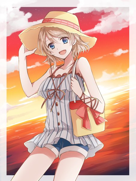 Anime picture 805x1066 with love live! sunshine!! sunrise (studio) love live! watanabe you tm-pika single tall image looking at viewer fringe short hair open mouth blue eyes smile hair between eyes brown hair standing bare shoulders sky cloud (clouds) :d