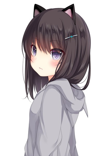 Anime picture 850x1212 with original nachi single long hair tall image looking at viewer blush fringe black hair simple background hair between eyes white background purple eyes animal ears upper body long sleeves looking back cat ears cat girl turning head