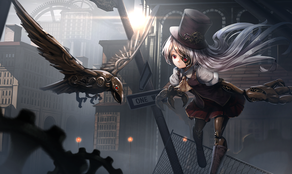 Anime picture 1670x1000 with original ryosios single long hair looking at viewer fringe red eyes wide image silver hair outdoors city mechanical arms mechanical parts steam punk girl dress building (buildings) eyepatch sun fence