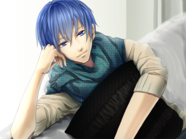 Anime picture 1200x900 with vocaloid kaito (vocaloid) yamano uzura short hair blue eyes smile sitting blue hair arm support boy scarf pillow