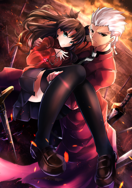 Anime picture 1050x1500 with fate (series) fate/stay night type-moon toosaka rin archer (fate) janne cherry long hair tall image short hair blue eyes black hair brown eyes white hair girl thighhighs boy skirt bow weapon black thighhighs