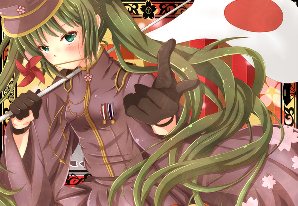 Anime picture 1468x1020 with vocaloid senbonzakura (vocaloid) hatsune miku beni sakura single long hair looking at viewer twintails green eyes green hair girl gloves uniform flower (flowers) military uniform peaked cap flag japanese flag