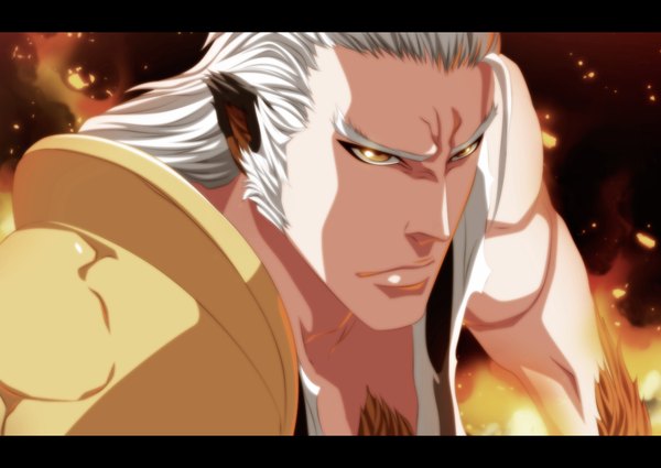 Anime picture 1227x870 with bleach studio pierrot komamura sajin jbeenz single long hair animal ears yellow eyes white hair sleeveless coloring letterboxed close-up muscle boy armor fire