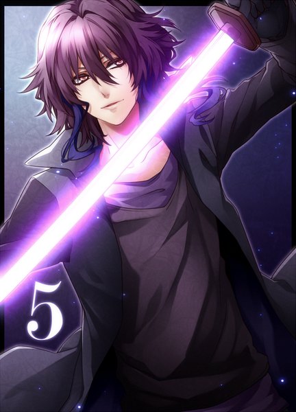 Anime picture 721x1000 with k-project gohands (studio) mishakuji yukari rico (fbn3) single long hair tall image fringe holding looking away multicolored hair two-tone hair orange eyes glowing glowing weapon boy gloves weapon sword black gloves