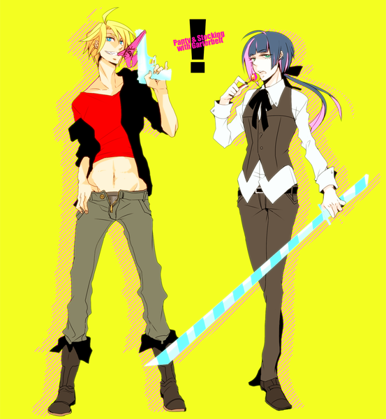 Anime picture 1268x1375 with panty & stocking with garterbelt anarchy stocking anarchy panty tall image blue eyes blonde hair green eyes purple hair multiple boys yellow background otoko no ko genderswap boy navel underwear panties sword boots gun 2 boys