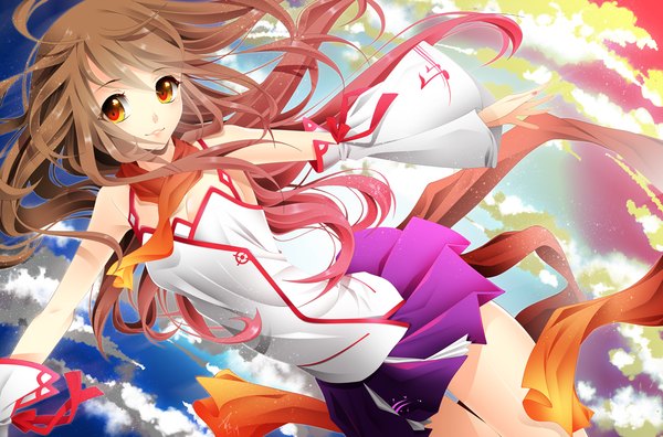 Anime picture 1200x793 with vocaloid kokone (vocaloid) l-edogawa single long hair looking at viewer brown hair cloud (clouds) light smile orange eyes girl dress detached sleeves scarf