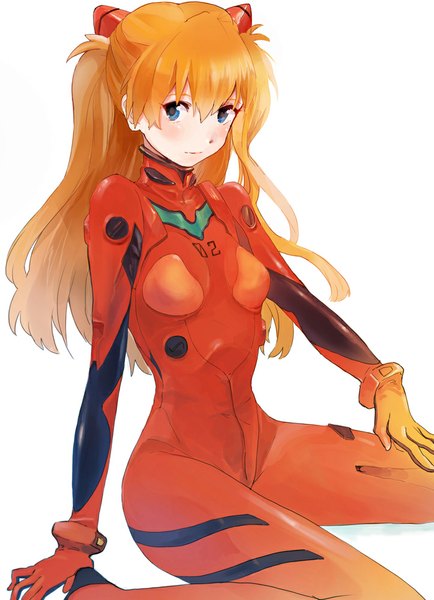 Anime picture 723x1000 with neon genesis evangelion gainax soryu asuka langley fly (marguerite) single long hair tall image looking at viewer blush blue eyes simple background white background sitting orange hair girl pilot suit