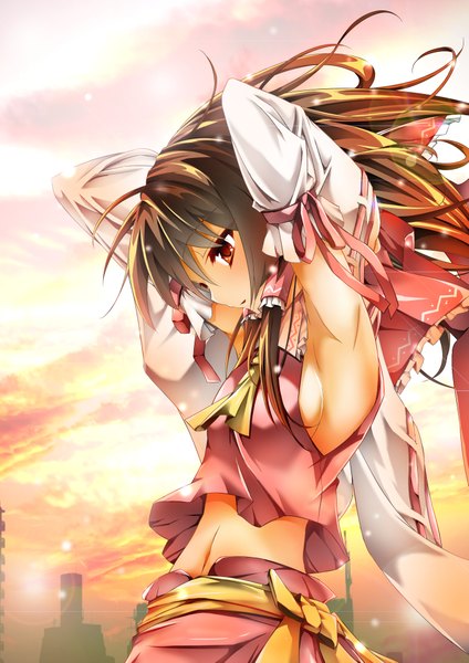 Anime picture 2894x4093 with touhou hakurei reimu tokutan single long hair tall image highres breasts red eyes brown hair profile arms up bare belly armpit (armpits) arms behind head girl skirt navel bow ribbon (ribbons)
