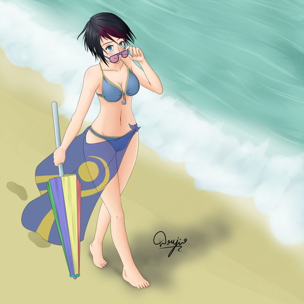 Anime picture 1500x1500 with league of legends fiora (league of legends) doujio single looking at viewer blush short hair blue eyes light erotic black hair beach sand sunglasses removed girl navel swimsuit bikini sea sunglasses beach umbrella