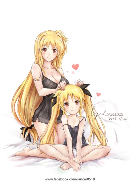 Anime picture 950x1319 with mahou shoujo lyrical nanoha fate testarossa lancer0519 long hair tall image looking at viewer blush fringe light erotic blonde hair smile twintails multiple girls brown eyes cleavage pantyshot underwear only pantyshot sitting dual persona girl