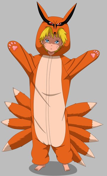 Anime picture 1000x1642 with naruto studio pierrot naruto (series) uzumaki naruto flowerinhell single tall image looking at viewer fringe short hair blue eyes blonde hair simple background red eyes animal ears tail animal tail barefoot teeth shadow