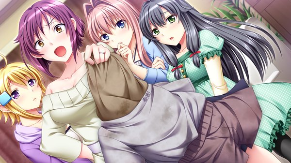 Anime picture 1024x576 with papa love (game) kizaki ayame long hair blush short hair open mouth blue eyes black hair blonde hair wide image purple eyes multiple girls green eyes yellow eyes pink hair game cg girl dress hair ornament 4 girls