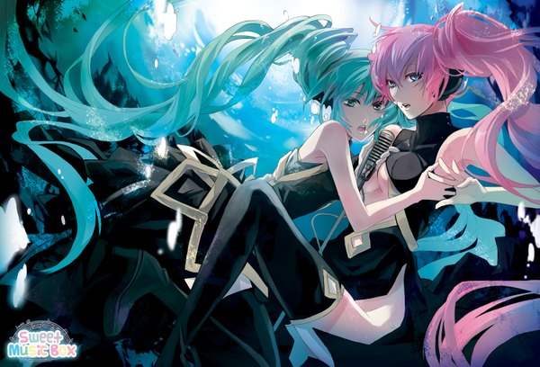 Anime picture 1500x1021 with vocaloid hatsune miku megurine luka rahwia long hair open mouth twintails bare shoulders multiple girls pink hair aqua eyes aqua hair underwater girl thighhighs black thighhighs 2 girls water headphones bubble (bubbles)