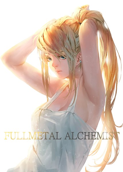 Anime picture 800x1120 with fullmetal alchemist studio bones winry rockbell baraba baba single tall image looking at viewer fringe breasts blue eyes simple background large breasts white background upper body ponytail very long hair lips no bra arms up shadow