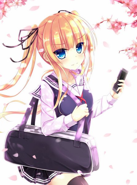 Anime picture 826x1113 with saenai heroine no sodatekata a-1 pictures sawamura spencer eriri angel koman single long hair tall image blush blue eyes blonde hair twintails cherry blossoms girl uniform ribbon (ribbons) plant (plants) hair ribbon school uniform petals tree (trees)