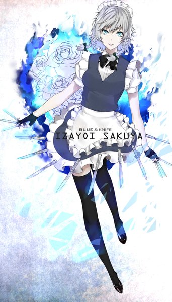 Anime picture 1060x1858 with touhou izayoi sakuya asato (pixiv) single tall image looking at viewer fringe short hair blue eyes smile braid (braids) grey hair short sleeves maid puffy sleeves twin braids pale skin girl thighhighs gloves