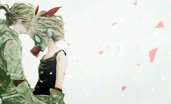 Anime picture 1602x976 with vocaloid kagamine rin kagamine len rakeru short hair simple background blonde hair wide image white background ponytail eyes closed profile alternate costume girl hairband headphones gas mask