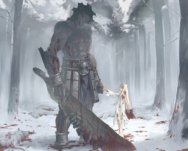Anime picture 1280x1024 with fate (series) fate/stay night studio deen type-moon illyasviel von einzbern berserker long hair fringe blonde hair dark skin snow muscle hair over eyes bloody clothes fog bloody weapon giant girl dress weapon